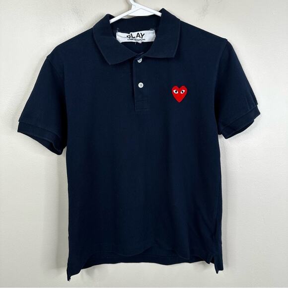 Commes De Garcons PLAY Heart Logo Patch Polo Shirt Womens Small Navy Blue Cotton - Picture 1 of 7